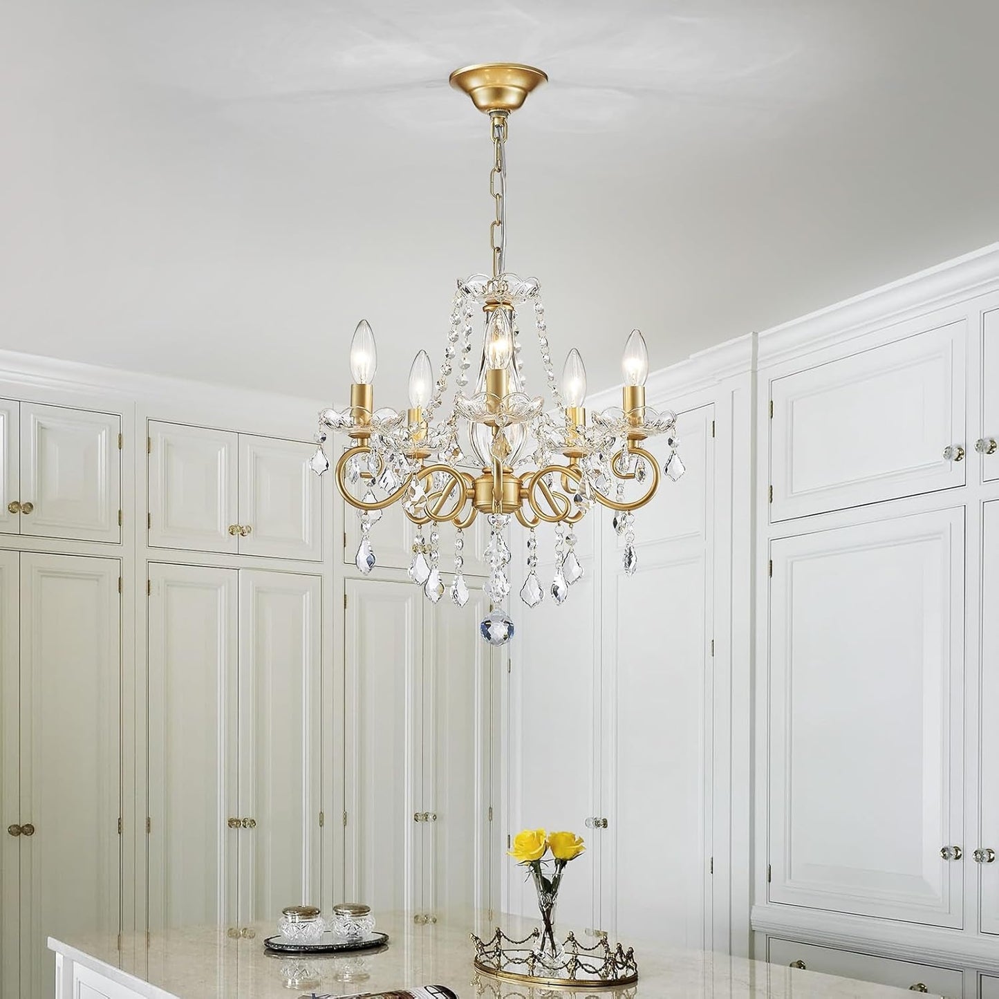 Gold Mini Crystal Chandelier With Five Bulbs Living Room