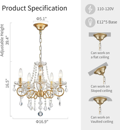 Gold Mini Crystal Chandelier With Five Bulbs Living Room